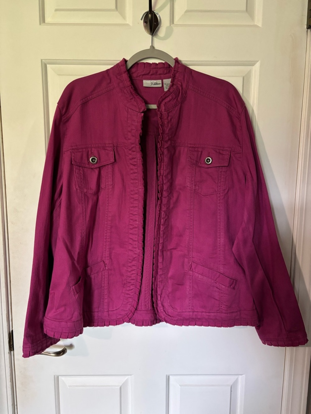 STUNNING Chico’s Platinum Women's Ruffle-Trim Jacket - Berry Pink. So feminine!